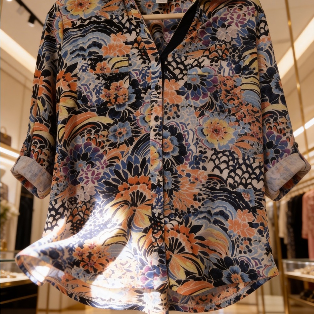 Peck & Peck Multicolor Floral Button-Up Blouse with Navy Accents
